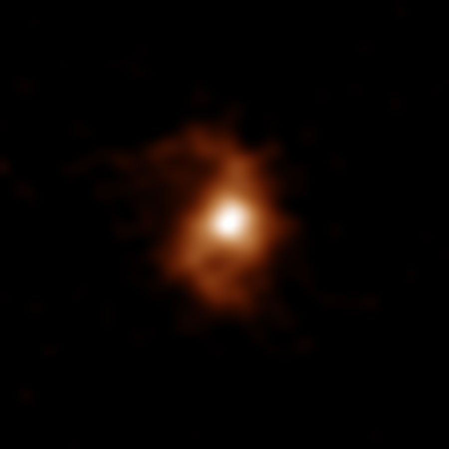 ALMA image of the galaxy BRI 1335-0417 at 12.4 billion years ago.