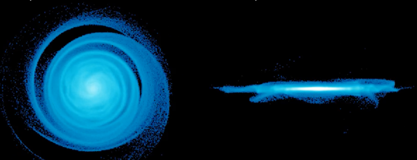 Bland-Hawthorn and Tepper-Garciaによる円盤銀河のコンピューターシミュレーション。円盤が近くにある小さな銀河によって乱され、銀河円盤が垂直に振動する「銀震」が伝わる様子がみられる。