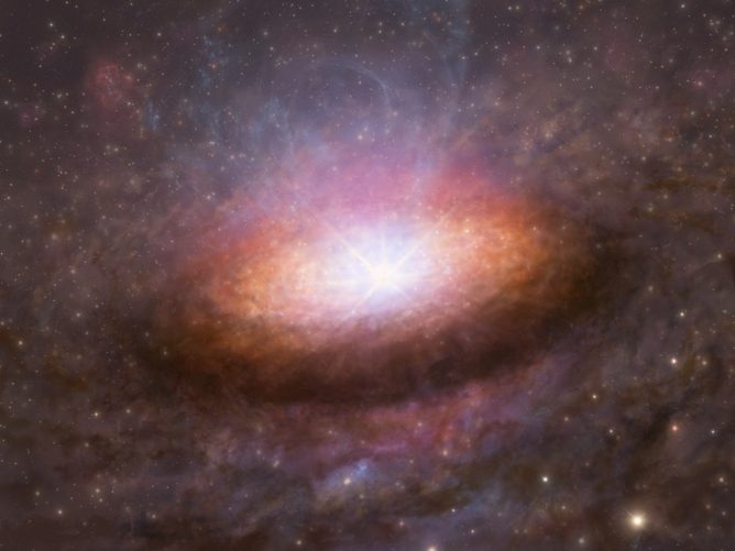 Artist’s illustration based on ALMA data, X-ray radiation from close near a supermassive black hole heats surrounding gas disk, but from the side, visible light and x-rays are blocked by the disk, hiding the commonly used black hole signatures.